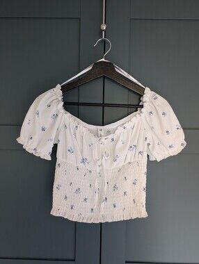 Only | White Off-Shoulder Smocked Crop Top with Blue Floral Print | Small